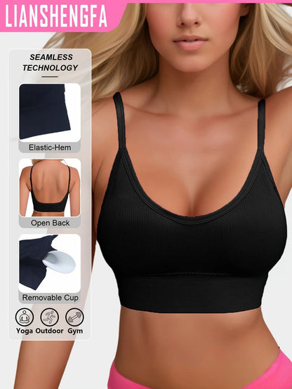 Womens Halterneck Backless Sports Bra with Ribbed Knit Fabric for Yoga and Activewear