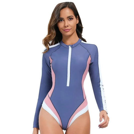 Womens Long Sleeve One Piece Swimsuit UV Protection Slim Fit Swimwear with Zipper