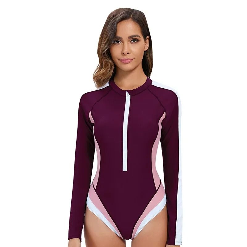 Womens Long Sleeve One Piece Swimsuit UV Protection Slim Fit Swimwear with Zipper