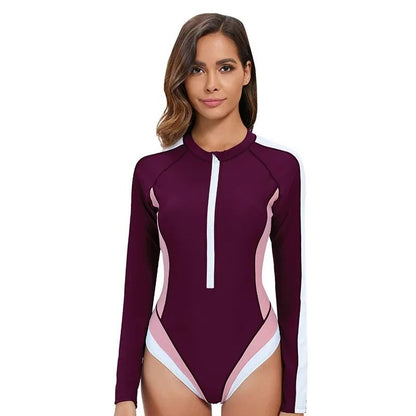 Womens Long Sleeve One Piece Swimsuit UV Protection Slim Fit Swimwear with Zipper