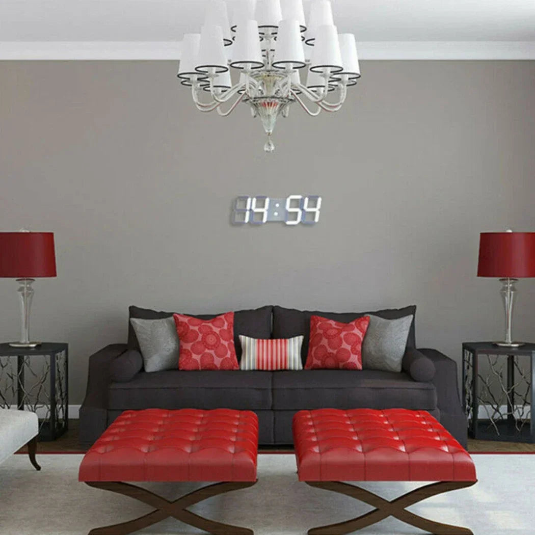 Large 3D LED Wall Clock Digital Display, Alarm Clock, Time Temp Date Function, Table or Wall