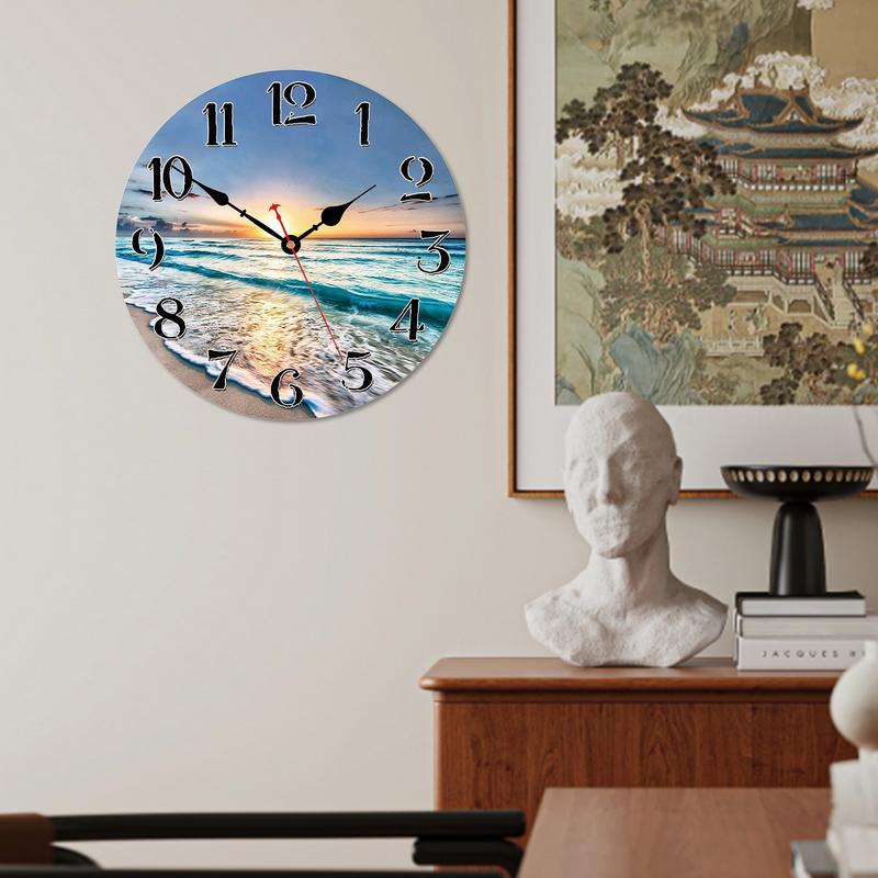 Vintage Rustic Beach Blue Wall Clock Non Ticking Coastal Decor for Girl Boy Bedroom, Bathroom, Kitchen, Office