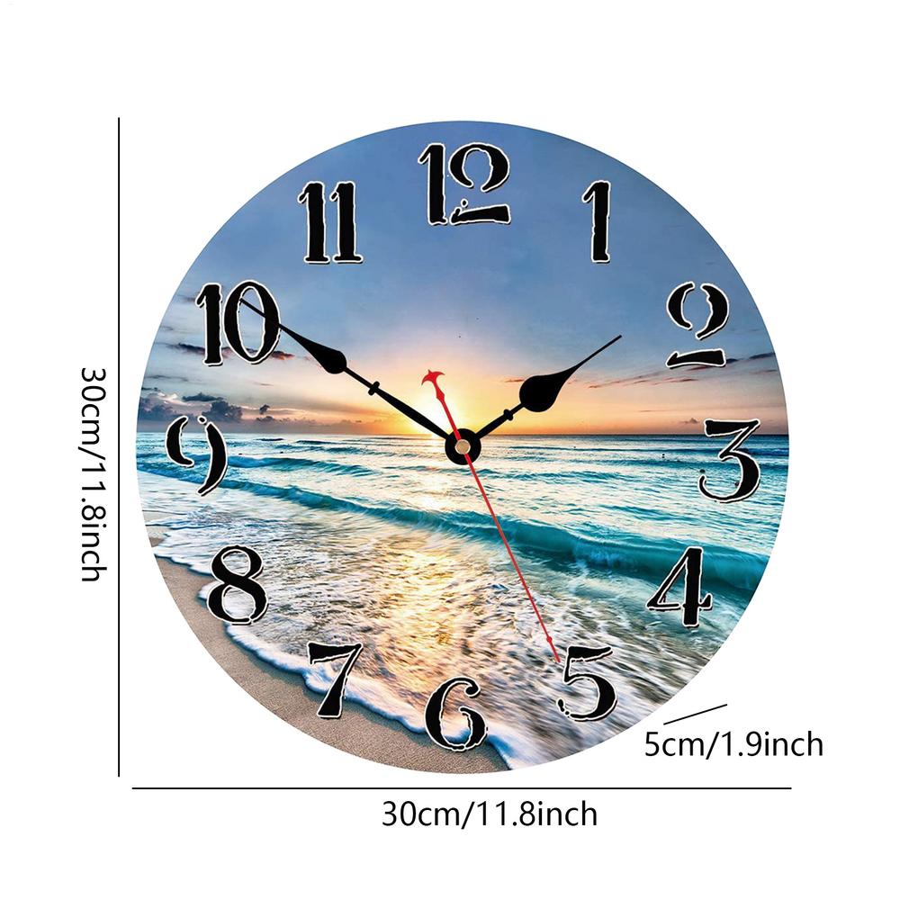 Vintage Rustic Beach Blue Wall Clock Non Ticking Coastal Decor for Girl Boy Bedroom, Bathroom, Kitchen, Office
