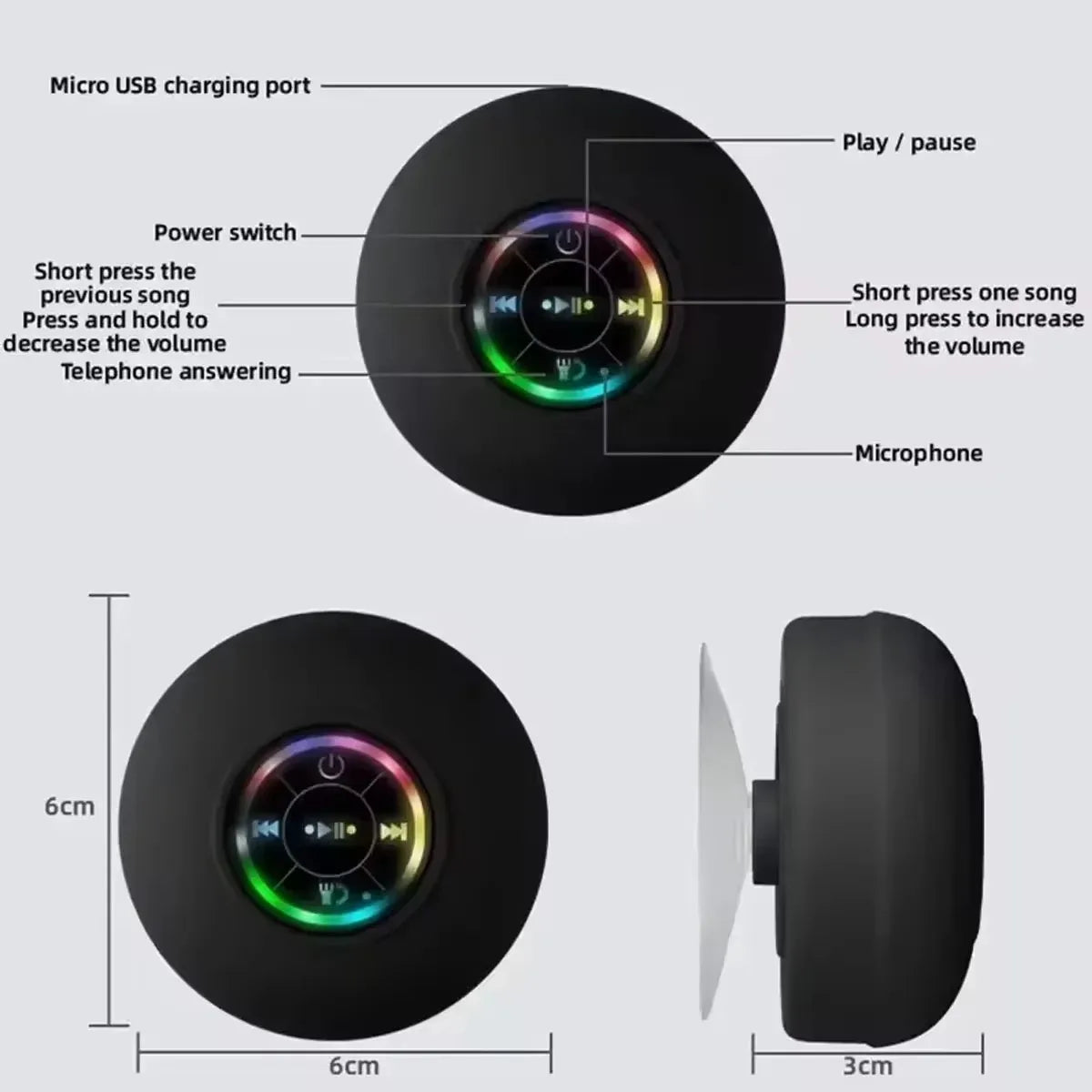 Large Suction Cup Mini Portable Speaker, Bathroom Waterproof Wireless LED Bluetooth Speaker, Outdoor Stereo Sound