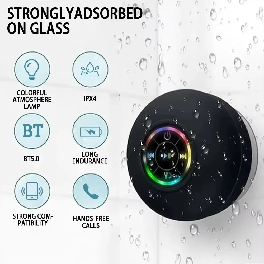 Large Suction Cup Mini Portable Speaker, Bathroom Waterproof Wireless LED Bluetooth Speaker, Outdoor Stereo Sound