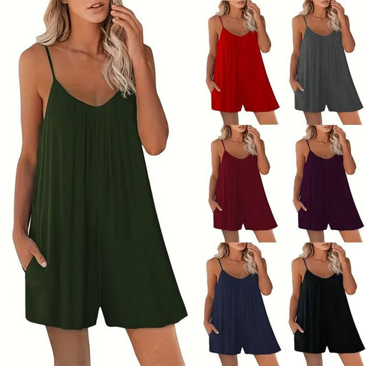 Women's Summer Casual Loose Pocket Strap Jumpsuit