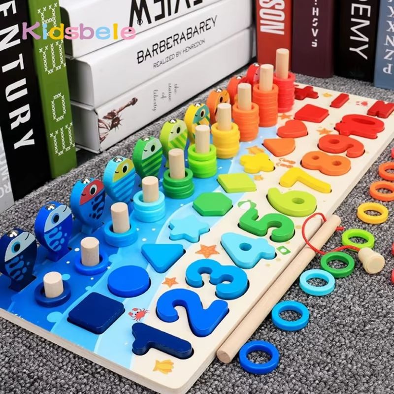 Montessori Math Toy Wooden Puzzle Fishing Game