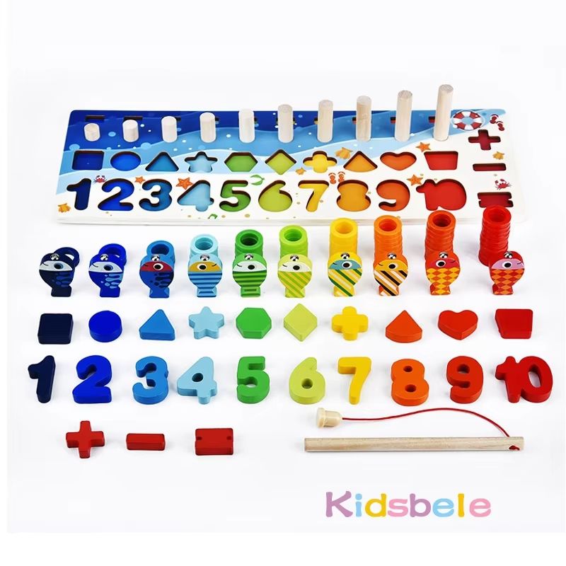 Montessori Math Toy Wooden Puzzle Fishing Game