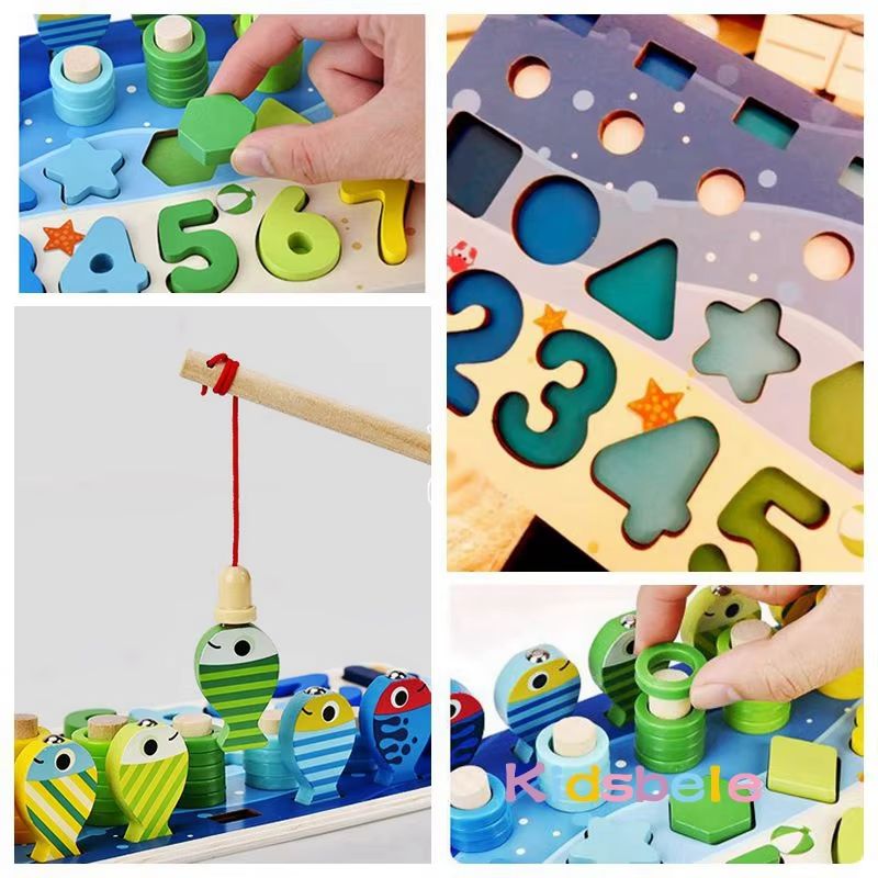 Montessori Math Toy Wooden Puzzle Fishing Game