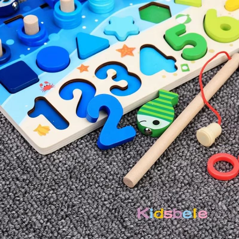 Montessori Math Toy Wooden Puzzle Fishing Game