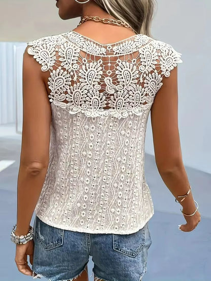 Elegant Lace Patchwork V-Neck Sleeveless Top – Women's Summer Casual Chic Blouse