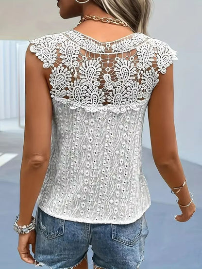 Elegant Lace Patchwork V-Neck Sleeveless Top – Women's Summer Casual Chic Blouse