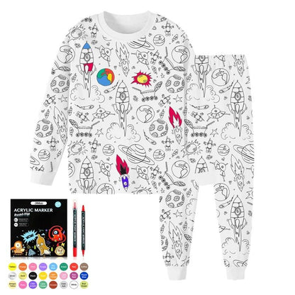 Colorable Two-Piece Pajama Set for Kids – DIY Coloring Kit Pajamas with Markers for Boys and Girls