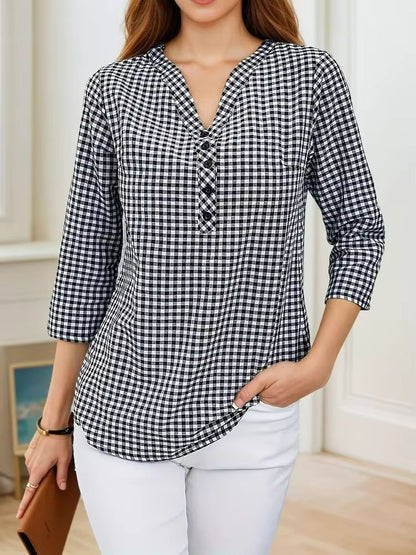 Curvy Confidence Plaid V-Neck Blouse – Plus Size Spring & Fall Essential