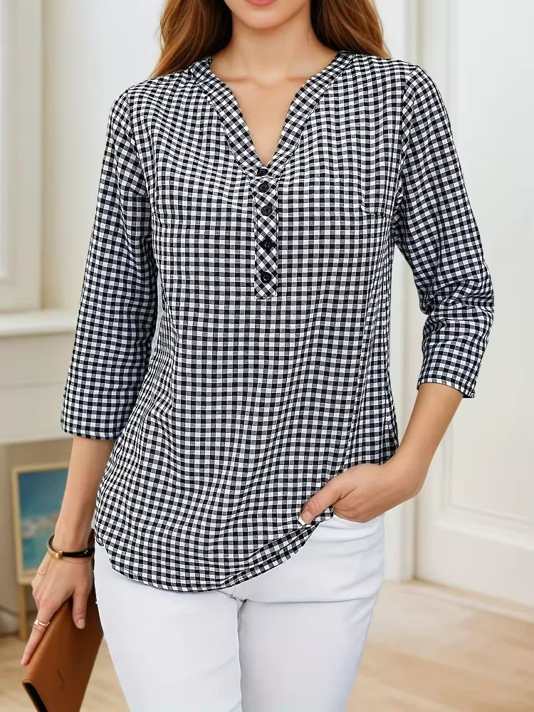 Curvy Confidence Plaid V-Neck Blouse – Plus Size Spring & Fall Essential