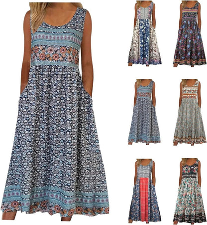 Womens Sleeveless Bohemian Floral Midi Sundress with Pockets