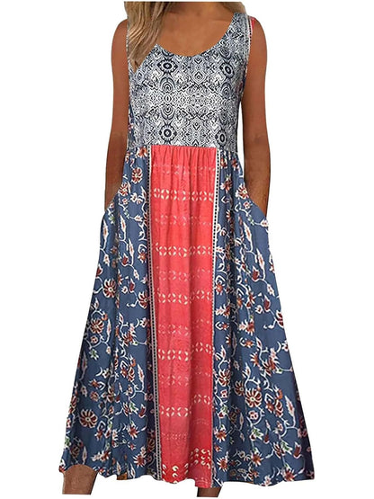 Womens Sleeveless Bohemian Floral Midi Sundress with Pockets