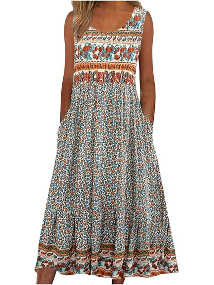 Womens Sleeveless Bohemian Floral Midi Sundress with Pockets