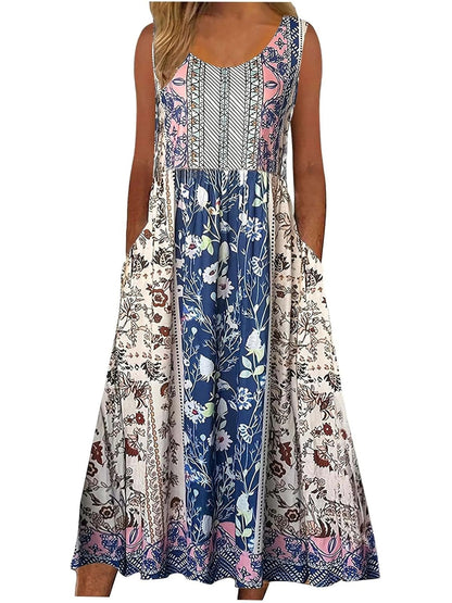 Womens Sleeveless Bohemian Floral Midi Sundress with Pockets