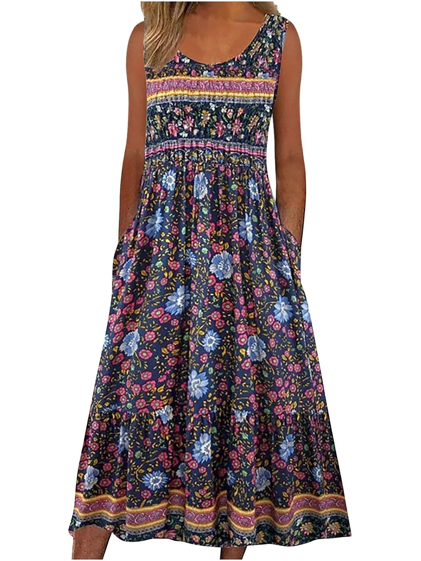 Womens Sleeveless Bohemian Floral Midi Sundress with Pockets