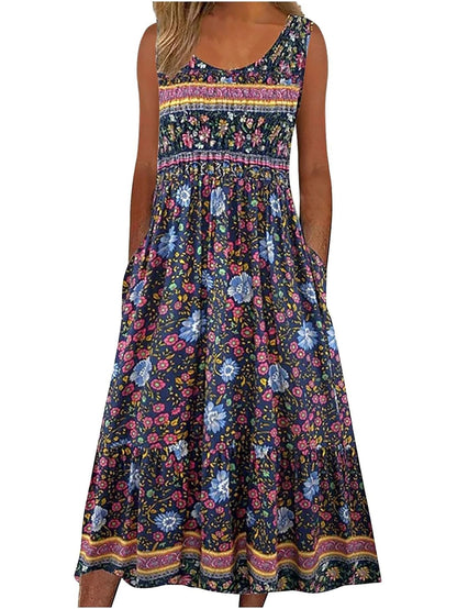 Womens Sleeveless Bohemian Floral Midi Sundress with Pockets