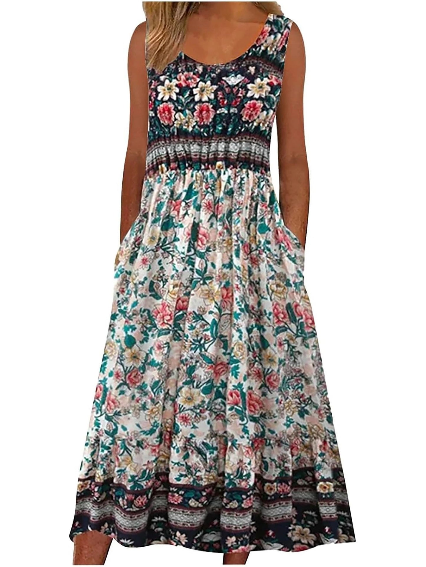 Womens Sleeveless Bohemian Floral Midi Sundress with Pockets