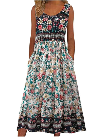 Womens Sleeveless Bohemian Floral Midi Sundress with Pockets