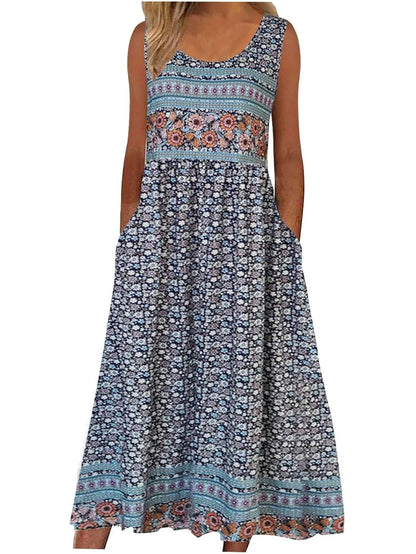 Womens Sleeveless Bohemian Floral Midi Sundress with Pockets