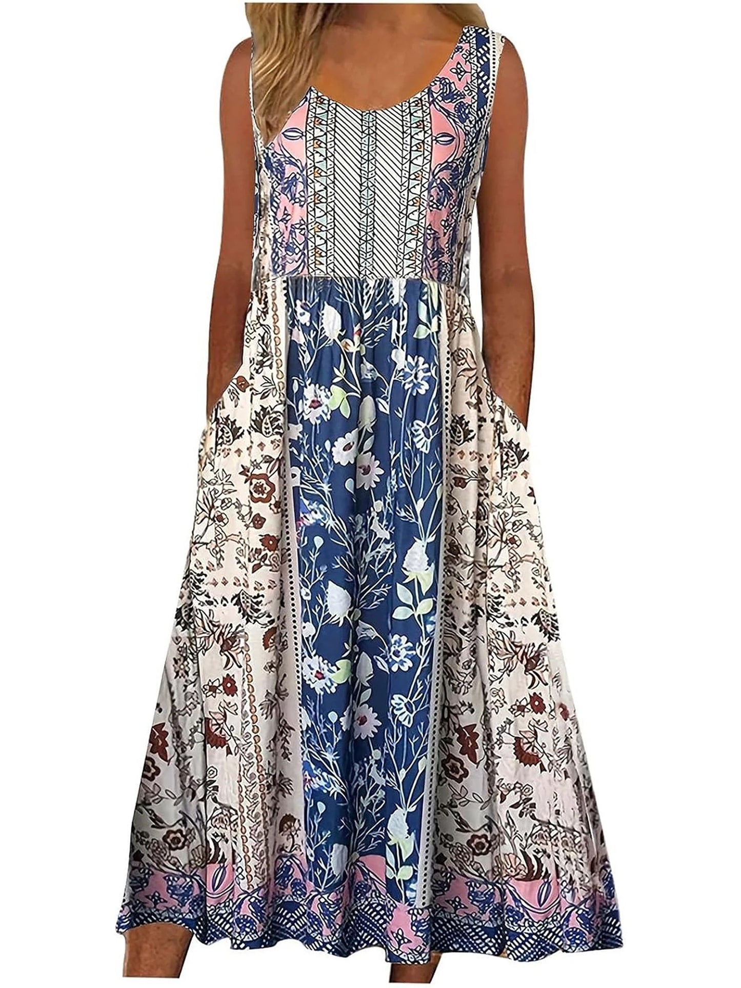 Womens Sleeveless Bohemian Floral Midi Sundress with Pockets