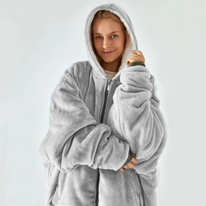 Solid Color Plush Hooded Zipper Nightgown with Velvet Lining for Women