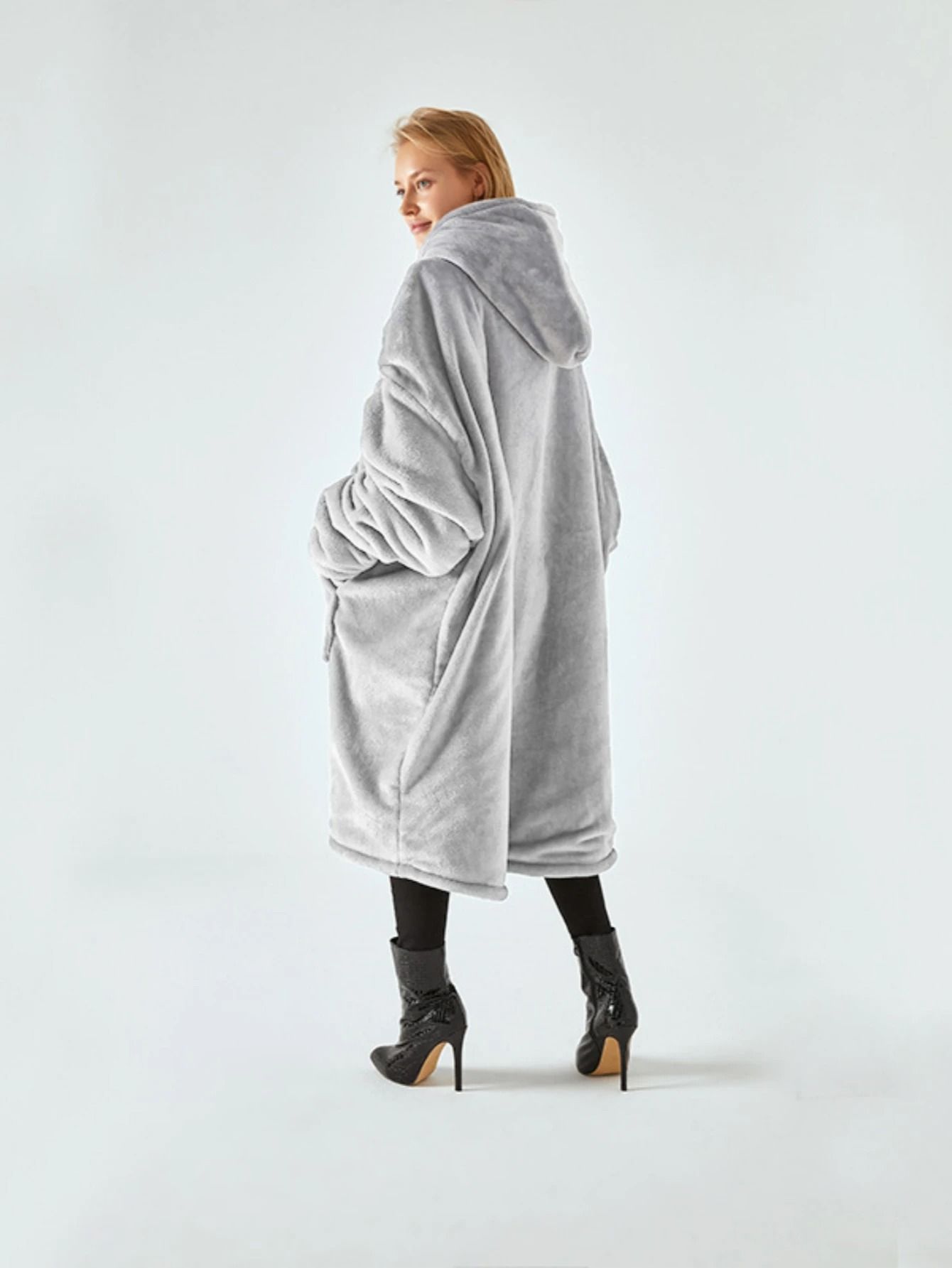 Solid Color Plush Hooded Zipper Nightgown with Velvet Lining for Women