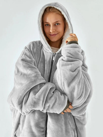 Solid Color Plush Hooded Zipper Nightgown with Velvet Lining for Women