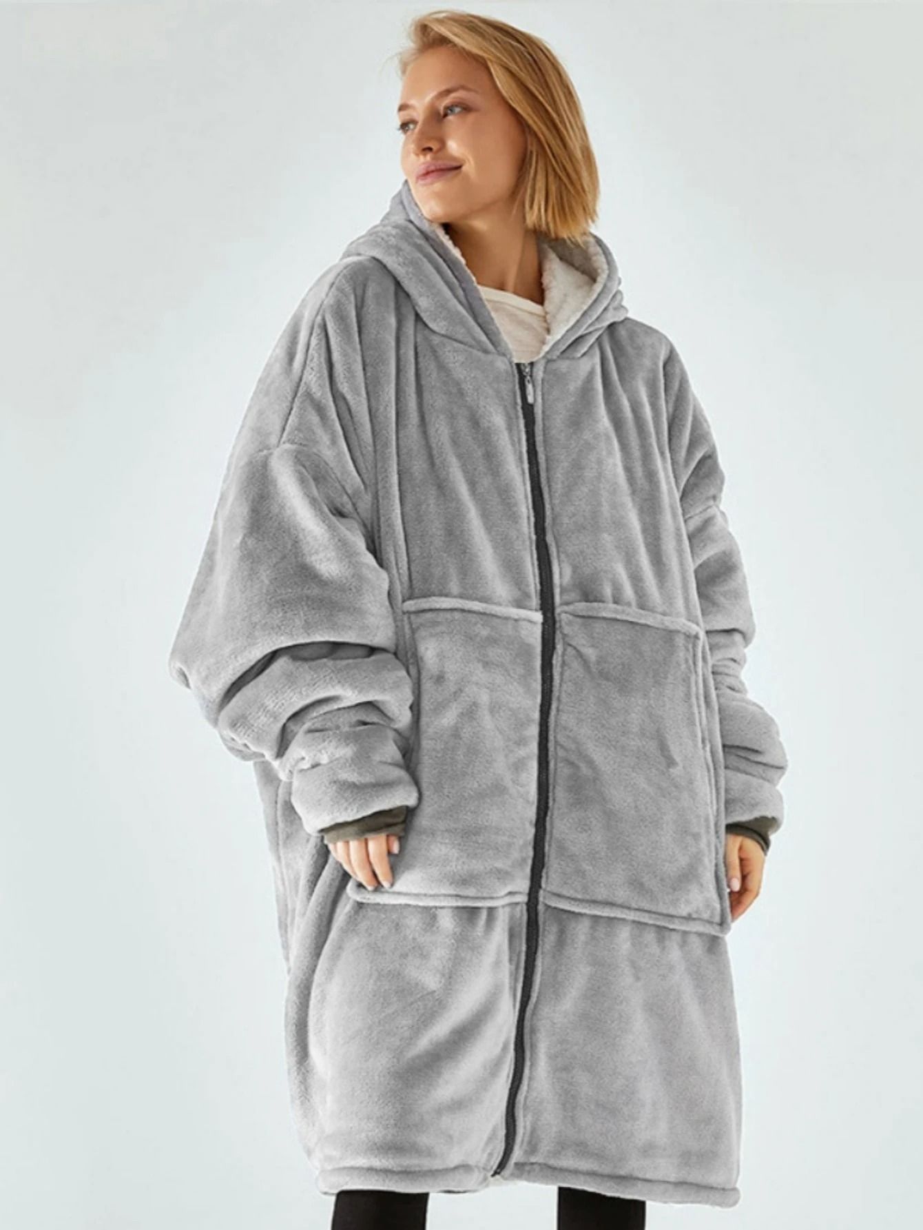 Solid Color Plush Hooded Zipper Nightgown with Velvet Lining for Women