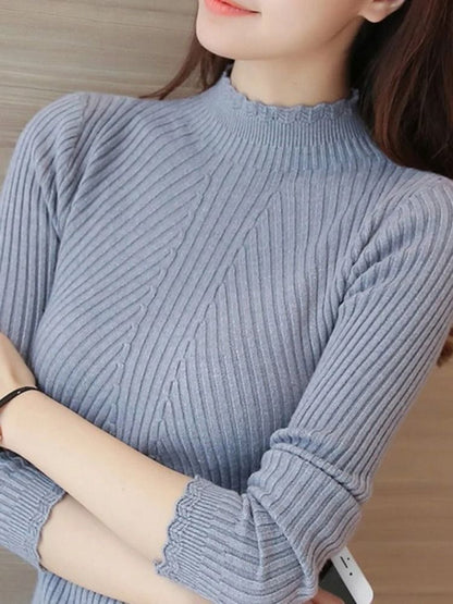 Women Mock Neck Ruffle Sweater With Long Sleeves