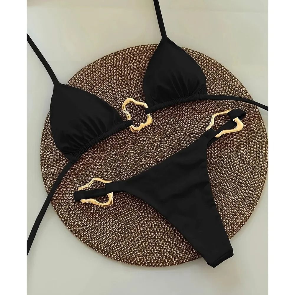 Women Solid Color Lace Up Bikini Two Piece Swimsuit