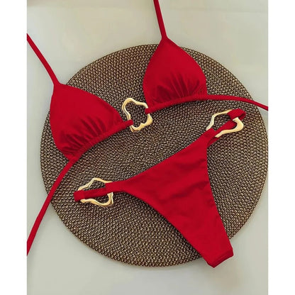 Women Solid Color Lace Up Bikini Two Piece Swimsuit
