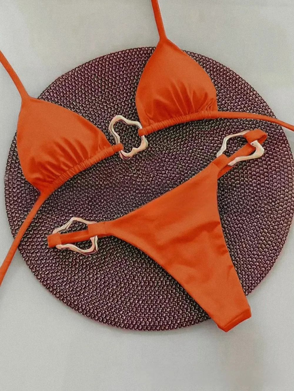 Women Solid Color Lace Up Bikini Two Piece Swimsuit