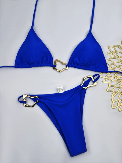 Women Solid Color Lace Up Bikini Two Piece Swimsuit
