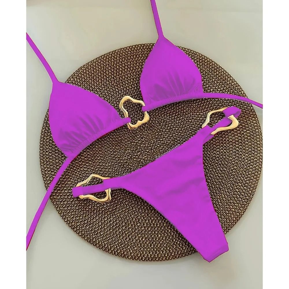Women Solid Color Lace Up Bikini Two Piece Swimsuit
