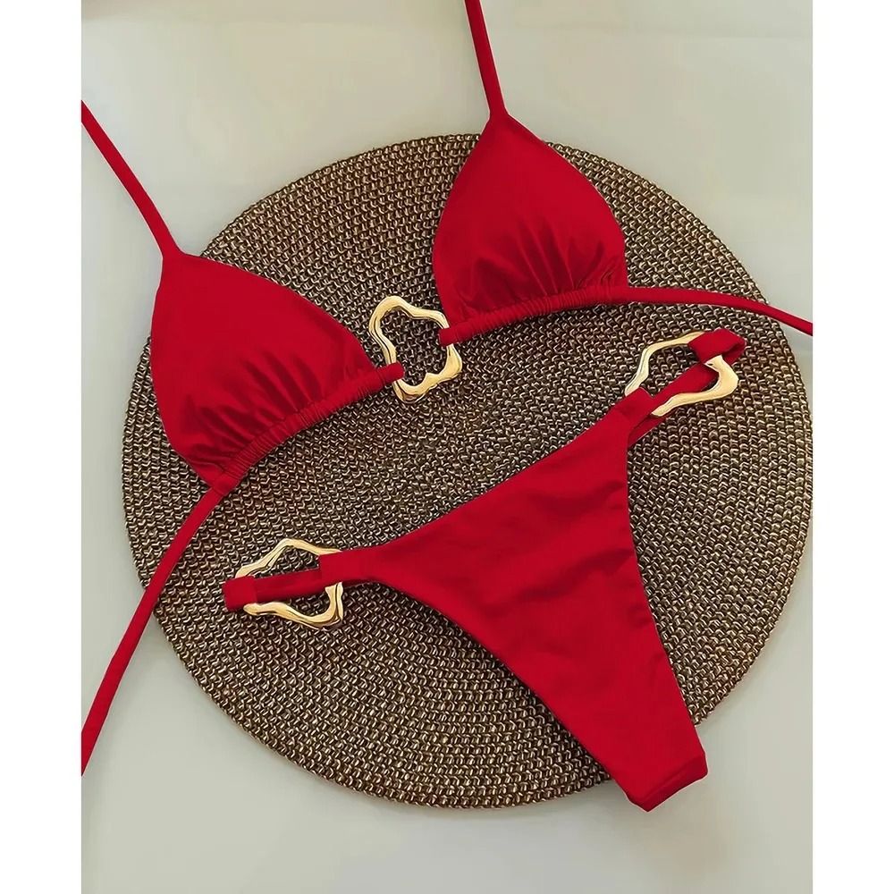 Women Solid Color Lace Up Bikini Two Piece Swimsuit