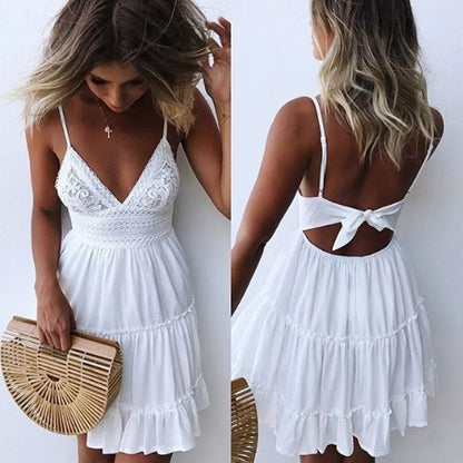 Women Fashion Solid Color Lace Strap Elegant Summer Dress Seaside Vacation Wear