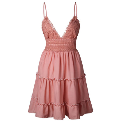 Women Fashion Solid Color Lace Strap Elegant Summer Dress Seaside Vacation Wear
