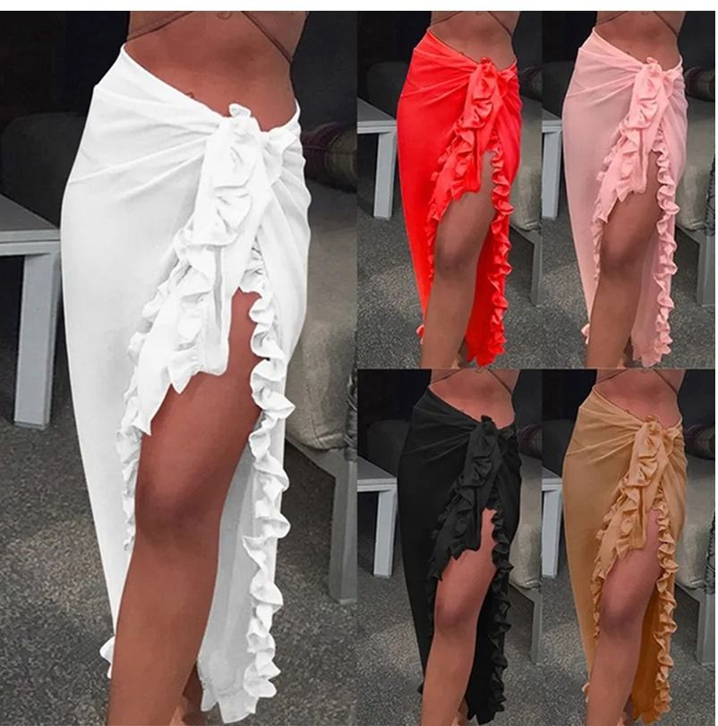 Womens Ruffle Sarong Cover Up Beach Wrap Tie Bikini Skirt