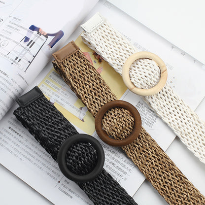 Vintage Bohe Straw Buckle Belt, Summer Women Braided Elastic Belt, Knitted Dress Belt Faux Straw Waistband