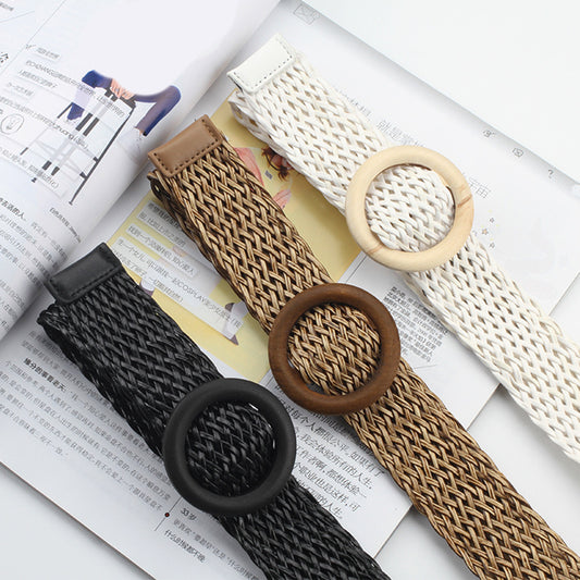 Vintage Bohe Straw Buckle Belt, Summer Women Braided Elastic Belt, Knitted Dress Belt Faux Straw Waistband