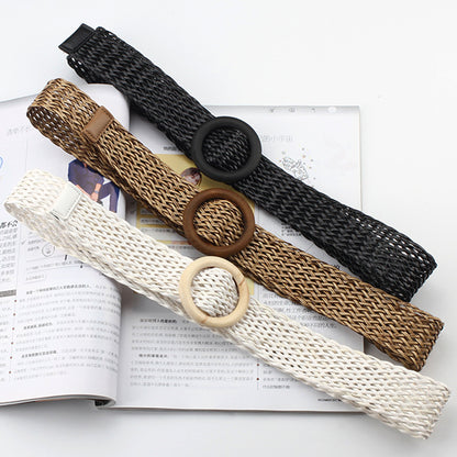 Vintage Bohe Straw Buckle Belt, Summer Women Braided Elastic Belt, Knitted Dress Belt Faux Straw Waistband