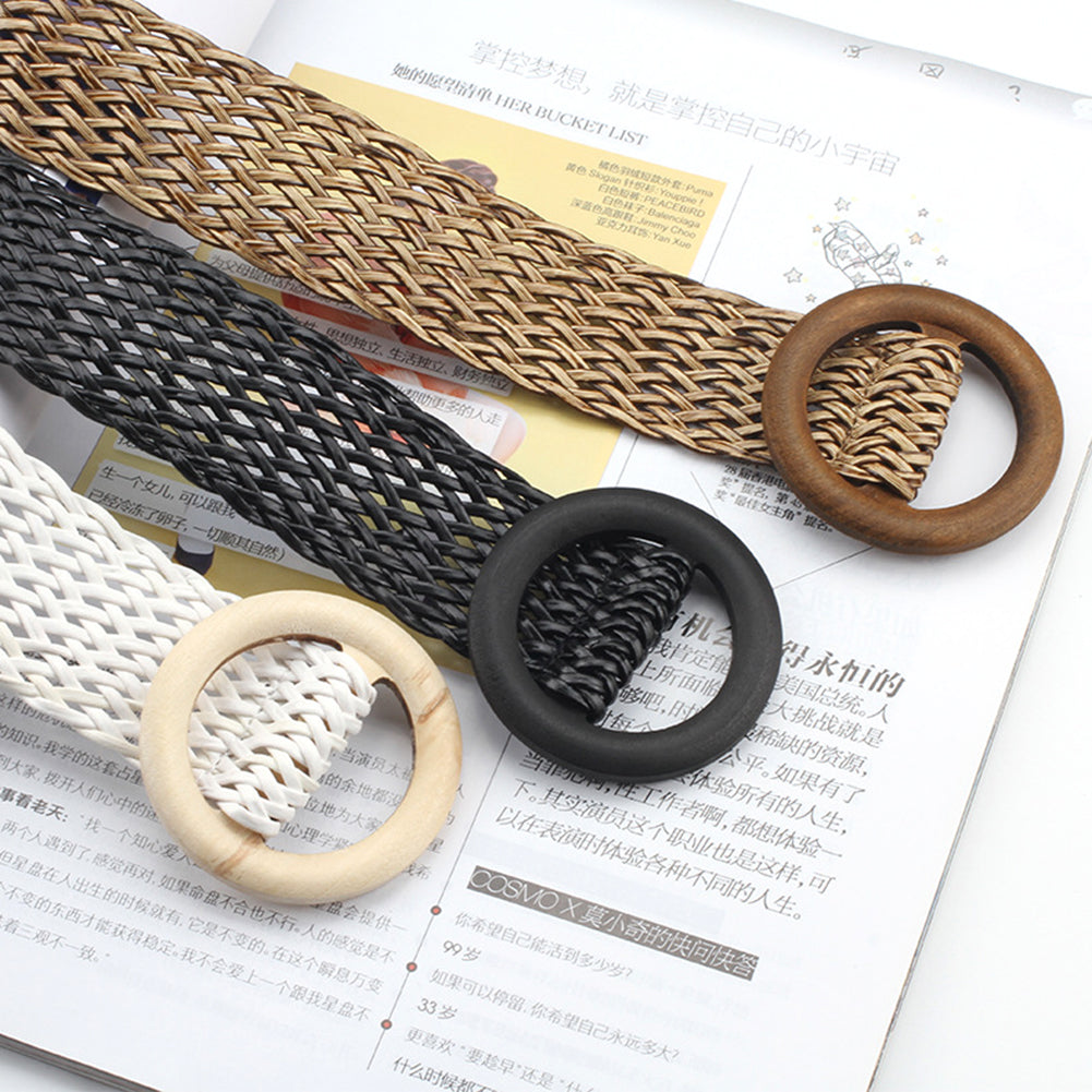 Vintage Bohe Straw Buckle Belt, Summer Women Braided Elastic Belt, Knitted Dress Belt Faux Straw Waistband