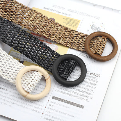 Vintage Bohe Straw Buckle Belt, Summer Women Braided Elastic Belt, Knitted Dress Belt Faux Straw Waistband