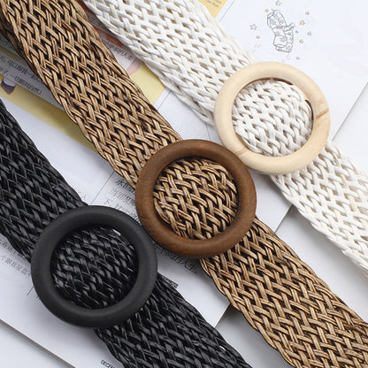 Vintage Bohe Straw Buckle Belt, Summer Women Braided Elastic Belt, Knitted Dress Belt Faux Straw Waistband