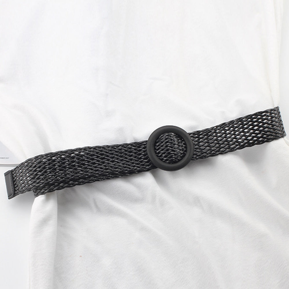 Vintage Bohe Straw Buckle Belt, Summer Women Braided Elastic Belt, Knitted Dress Belt Faux Straw Waistband